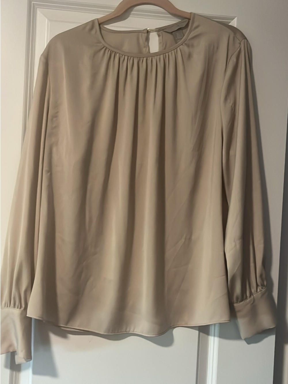 Long-Sleeve Pleated Neck Blouse — Cream